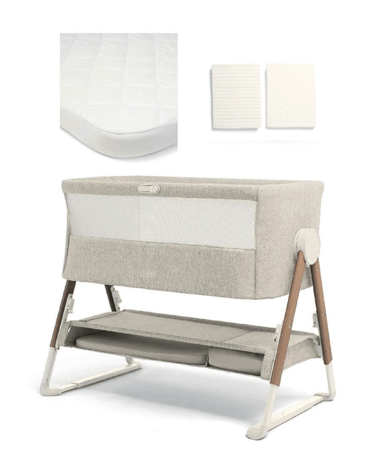 Lua Bedside Crib Bundle – Fawn Beige with Mattress & Sheets